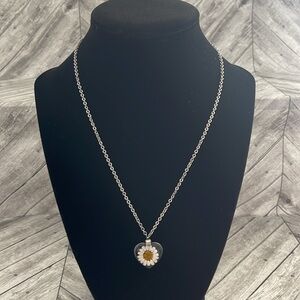 Real flower Sunflower Necklace, Small Heart, White Background.
